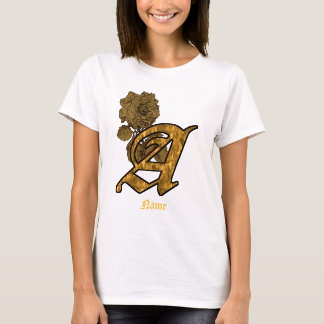 Monogram Initial A Gold Peony Flower Personalized T-Shirt (Front)