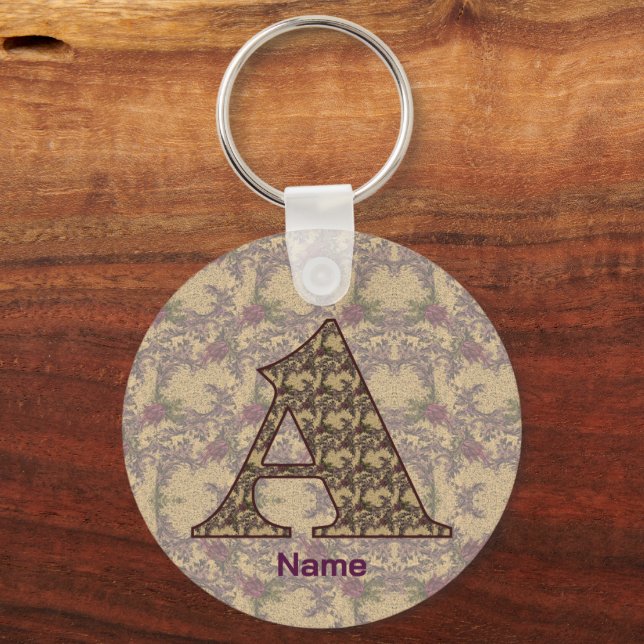Monogram Initial A Vintage Floral Personalized Keychain (Front)