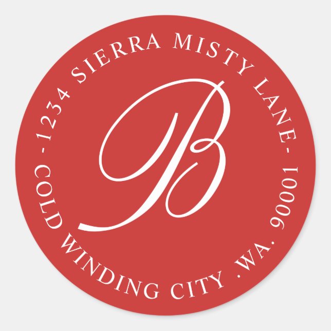 Monogram Initial Address or Wedding Red Classic Round Sticker (Front)
