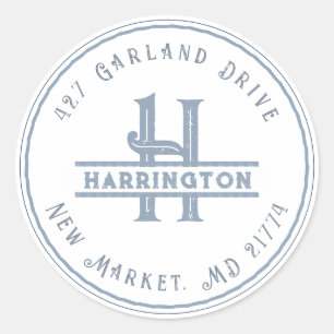 Monogram Initial Address Personalized Grunge Blue Classic Round Sticker