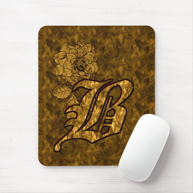 Monogram Initial B Elegant Gold Peony Flower Mouse Pad (With Mouse)