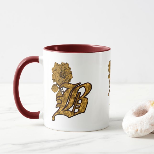 Monogram Initial B Elegant Gold Peony Personalized Mug (With Donut)