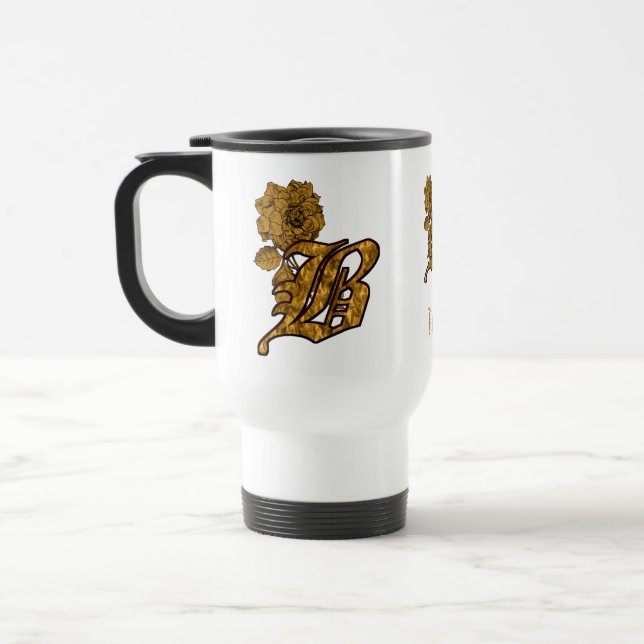 Monogram Initial B Elegant Gold Peony Personalized Travel Mug (Left)