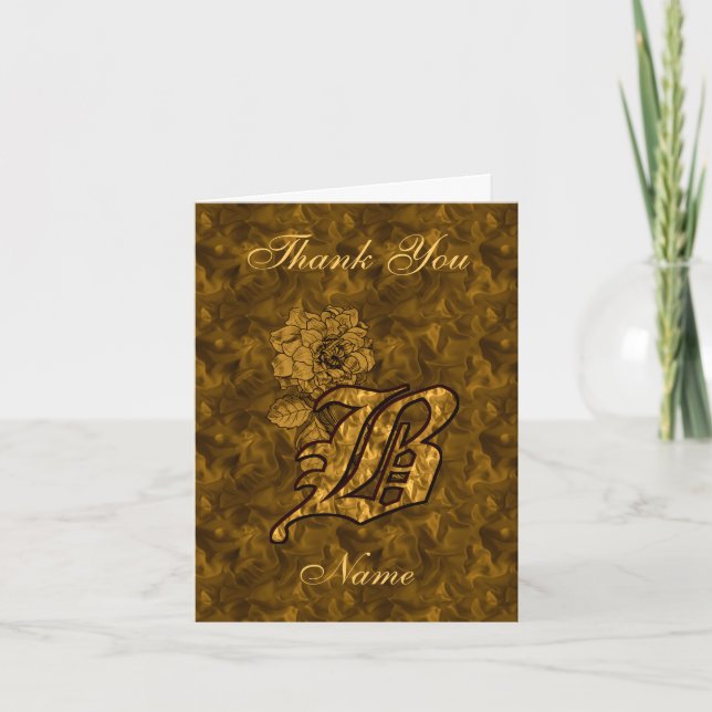 Monogram Initial B Gold Satin Peony Personalized Thank You Card (Front)