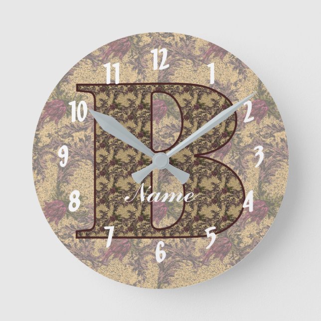 Monogram Initial B Vintage Floral Personalized   Round Clock (Front)