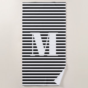 Monogram initial black and white stripes beach towel