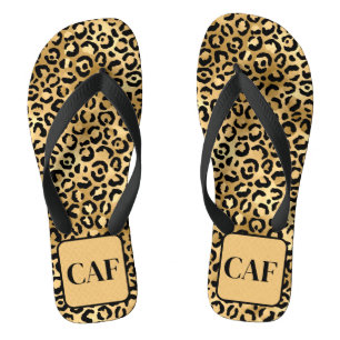 Monogram Initial Black Gold Leopard Cheetah Print  Flip Flops