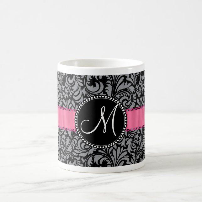 Monogram Initial Black Grey Damask Floral Pattern Coffee Mug (Center)
