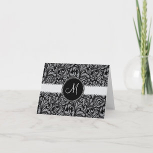 Monogram Initial Black Grey Damask Floral Pattern Note Card