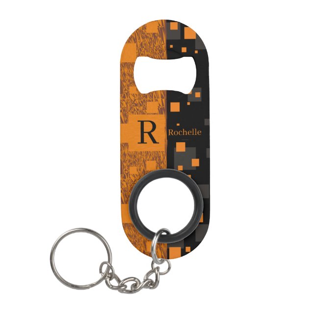 Monogram Initial Black Orange Squares Float Art Keychain Bottle Opener (Front)