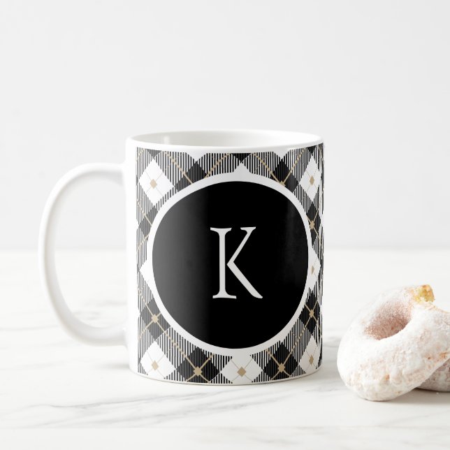 Monogram Initial Black White Gold Plaid Coffee Mug (With Donut)