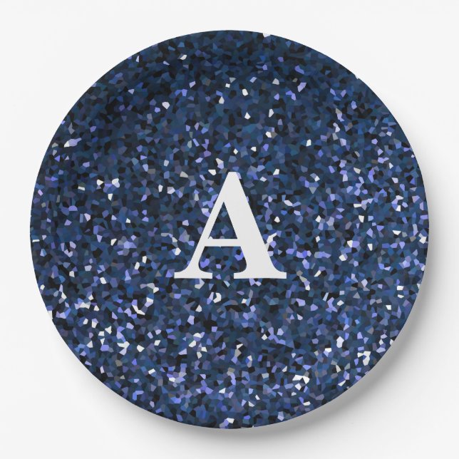 Monogram Initial Blue Glitter White Custom Name Paper Plate (Front)