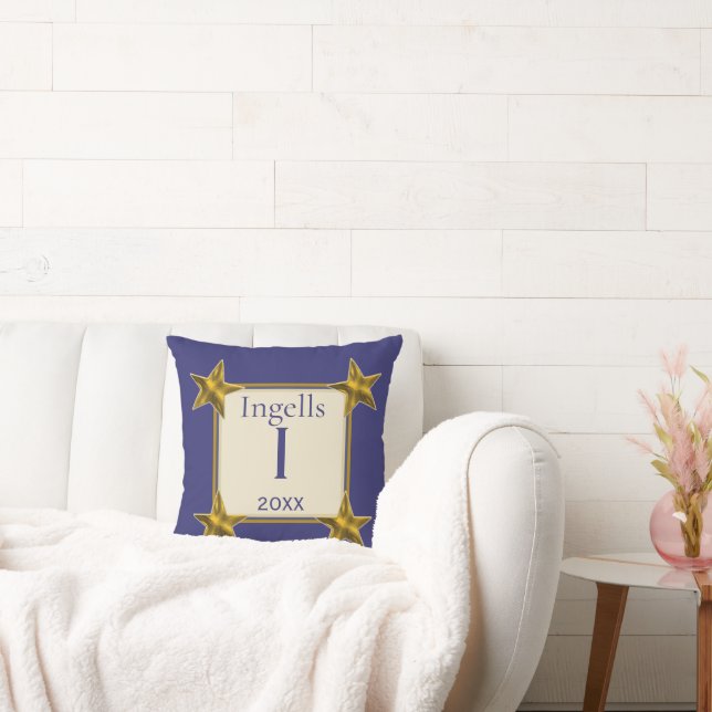 Monogram Initial Blue Gold Stars Letter I Keepsake Throw Pillow (Couch)