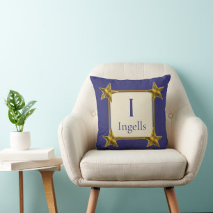 Monogram Initial Blue Gold Stars Wedding Keepsake Throw Pillow