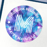 Monogram initial blue purple kids book label<br><div class="desc">Bookplate labels featuring your monogram initial and customizable text "this book belongs to" and your name on a blue and purple pattern background.</div>