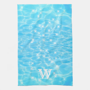 Monogram Initial Blue Water Ripple Water Texture Kitchen Towel