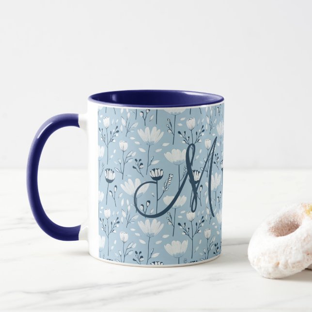 Monogram Initial Boho Blue White Florals Trendy  Mug (With Donut)