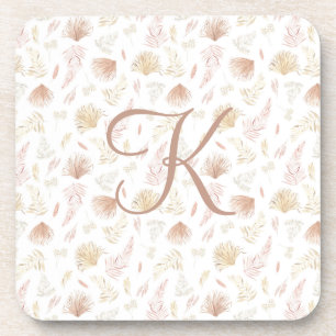 Monogram Initial Botanical Rose Gold Tan Neutral Coaster