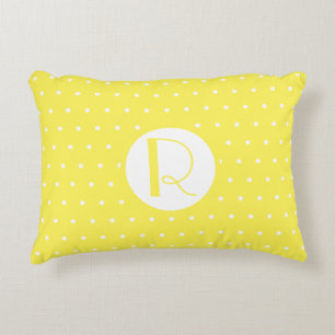 Monogram Initial Bright Yellow White Polka Dots Accent Pillow