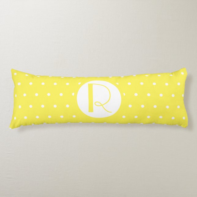 Monogram Initial Bright Yellow White Polka Dots Body Pillow (Front)