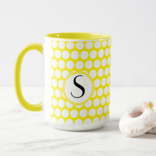 Monogram Initial Bright Yellow White Polka Dots Mug