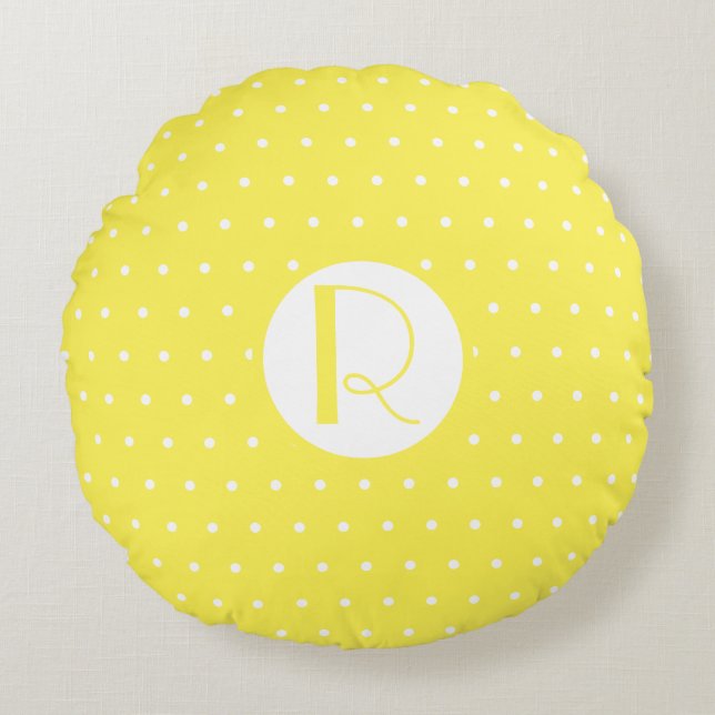 Monogram Initial Bright Yellow White Polka Dots Round Pillow (Front)