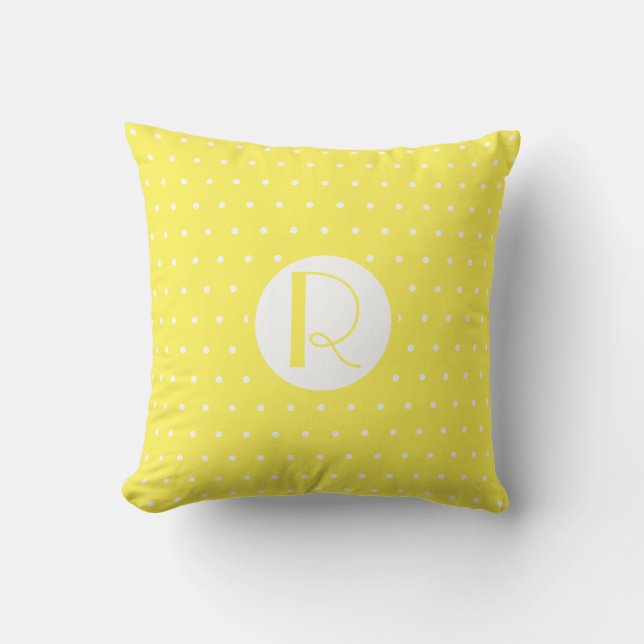 Monogram Initial Bright Yellow White Polka Dots Throw Pillow (Front)