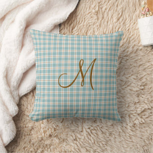 Monogram Initial Brown Light Blue and Tan Plaid Throw Pillow