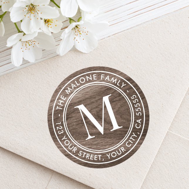 Monogram initial Brown woodgrain return address Classic Round Sticker (Monogram initial Brown woodgrain return address Classic Round Sticker)