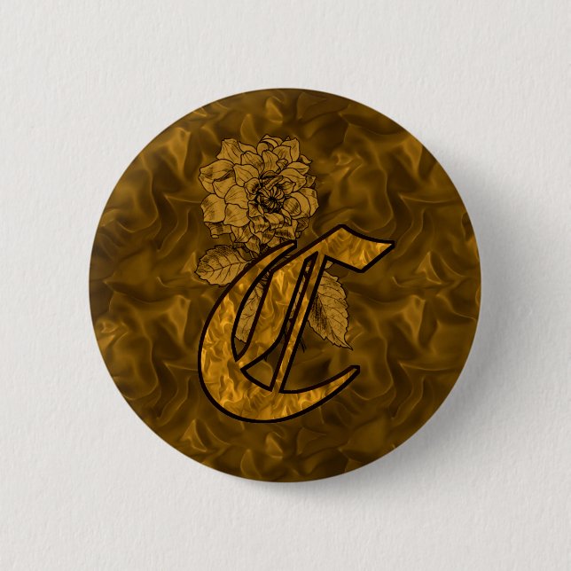 Monogram Initial C Elegant Gold Peony Flower 2 Inch Round Button (Front)