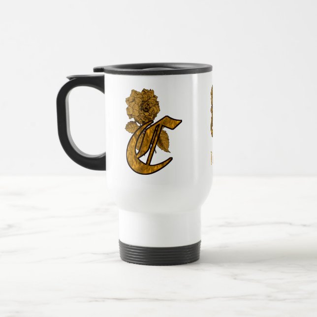 Monogram Initial C Elegant Gold Peony Personalized Travel Mug (Left)