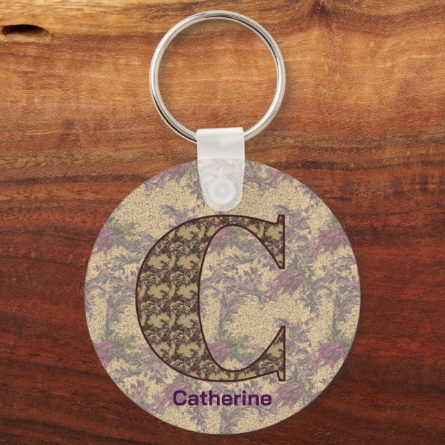 Monogram Initial C Vintage Floral Personalized Keychain (Front)