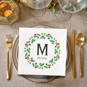 Monogram initial - Chrismas wreath Napkin