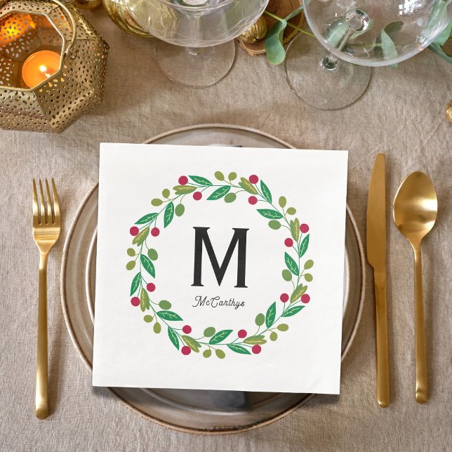 Monogram initial - Chrismas wreath Napkin (Creator Uploaded)