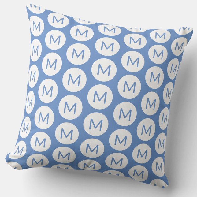 Monogram Initial Circle Pattern Blue Personalized Throw Pillow (Fun monogram initial pattern polka dot blue and white pillow)