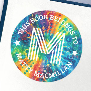 Monogram initial colourful tie dye kids book label