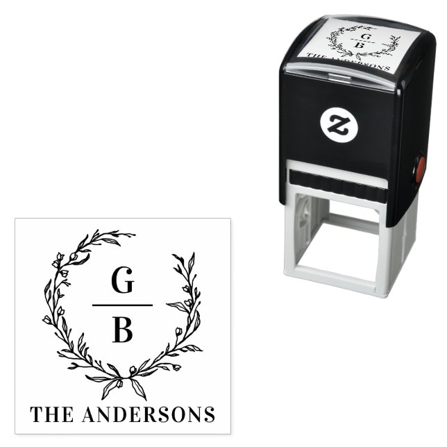 Monogram initial couple wreath modern elegant self-inking stamp (In Situ)