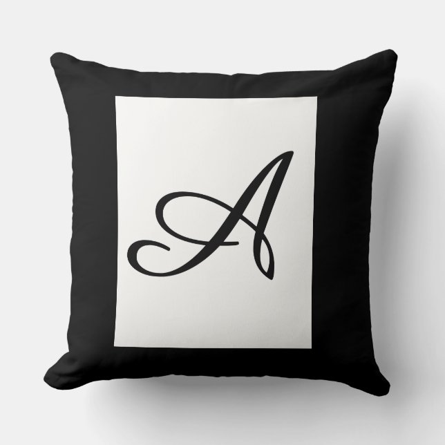 Monogram Initial Cursive A Black Square Plush  Throw Pillow (Front)