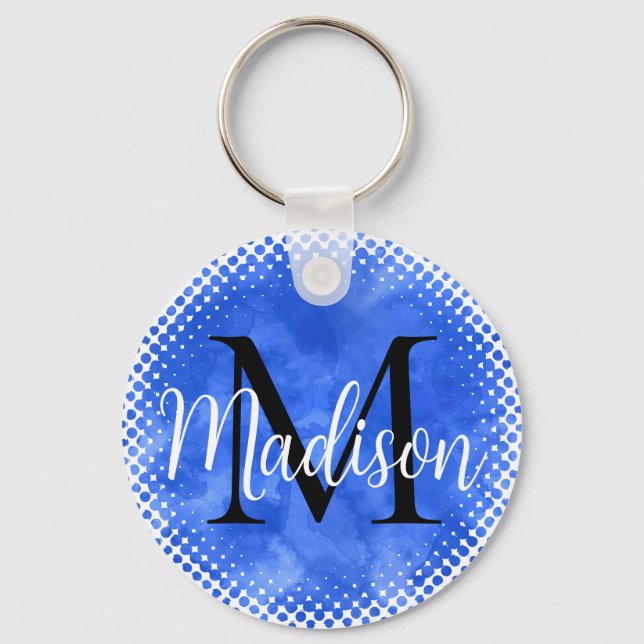 Monogram Initial  Custom Name Blue Watercolor Keychain (Back)