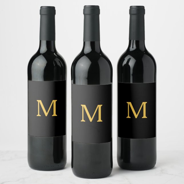 Monogram Initial Custom Name Gold Black Elegant Wine Label (Bottles)