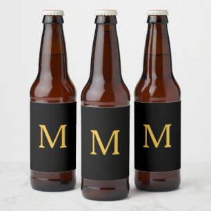 Monogram Initial Custom Name Gold Black Trendy Beer Bottle Label