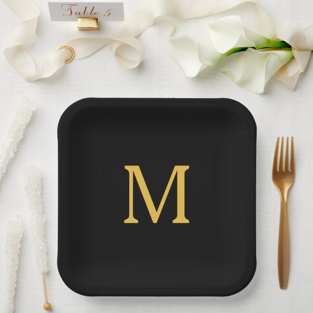 Monogram Initial Custom Name Gold Golden Black Paper Plate (Wedding)