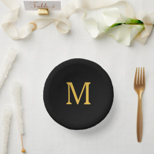 Monogram Initial Custom Name Gold Golden Black Paper Plate