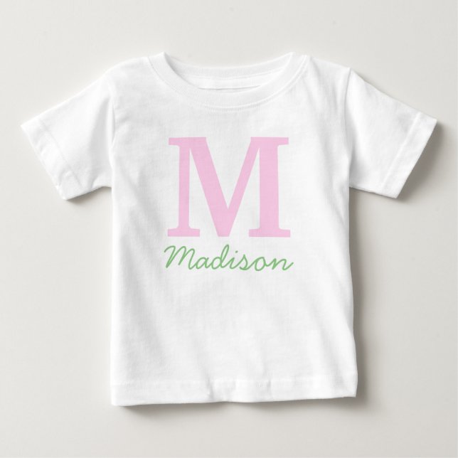 Monogram Initial Custom Name Pink Green Baby T-Shirt (Front)