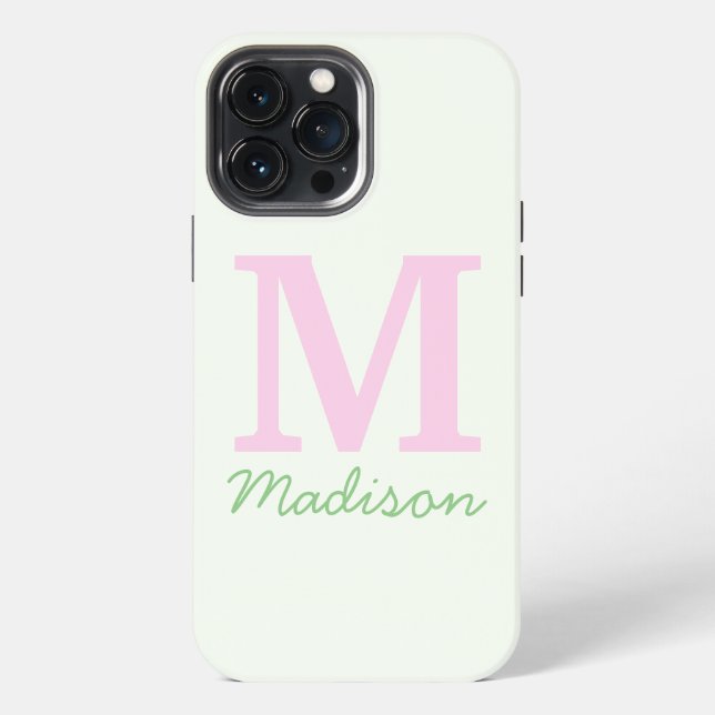 Monogram Initial Custom Name Pink Green iPhone Case (Back)