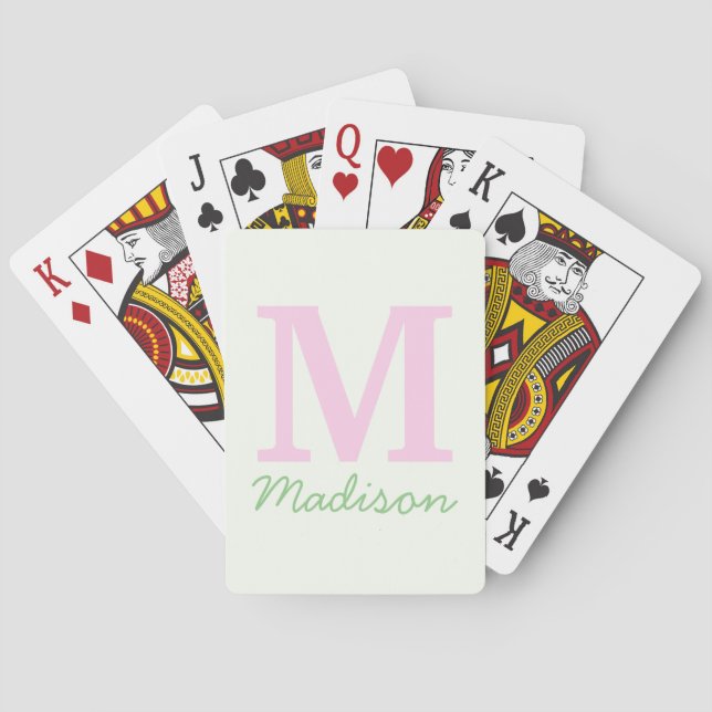 Monogram Initial Custom Name Pink Green Playing Cards (Back)