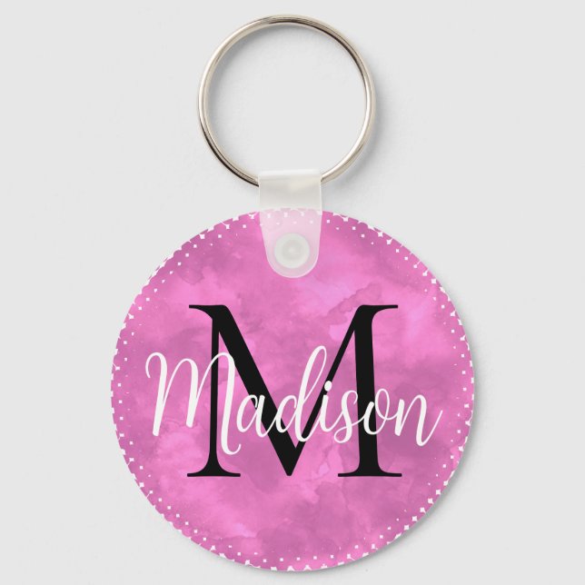 Monogram Initial  Custom Name Pink Watercolor Keychain (Back)