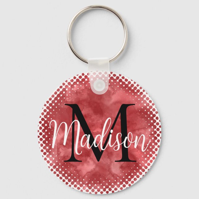 Monogram Initial  Custom Name Red Watercolor Keychain (Back)