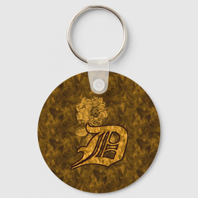 Monogram Initial D Elegant Gold Peony Flower Keychain (Front)