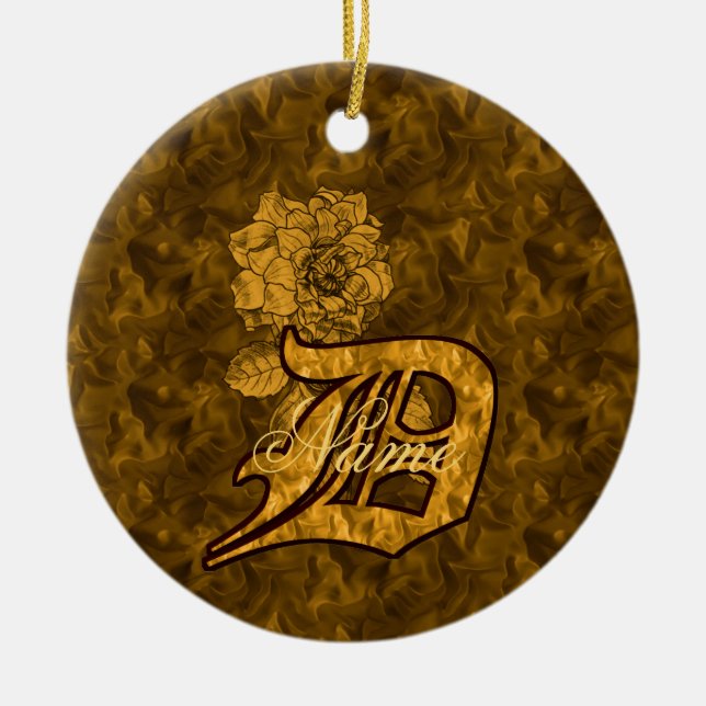 Monogram Initial D Elegant Gold Peony Personalized Ceramic Ornament (Front)